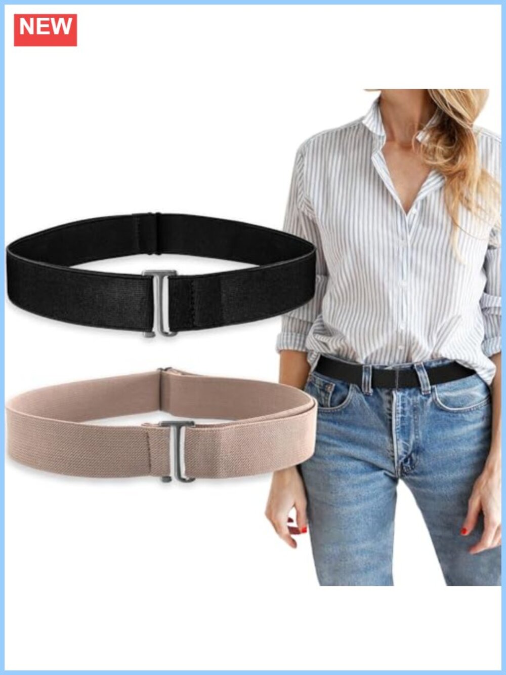 No Show Stretch Belt 2Pc Invisible Elastic Tuck Band Adjustable Flat Buckle